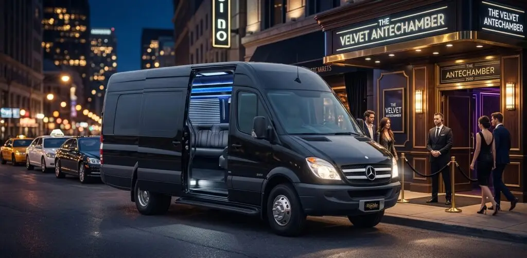 Black 12-passenger Mercedes Sprinter limo van parked in Jacksonville