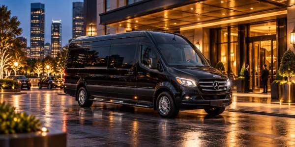Black Mercedes-Benz Sprinter limousine parked at a luxury hotel entrance at night