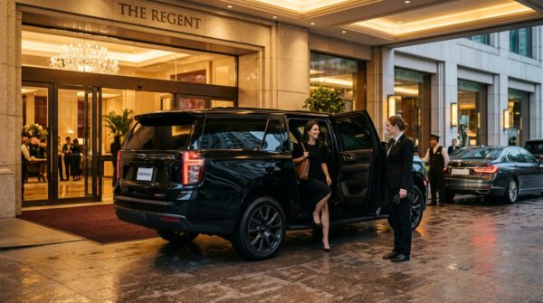 Professional female chauffeur with Arrive Jax executive SUV