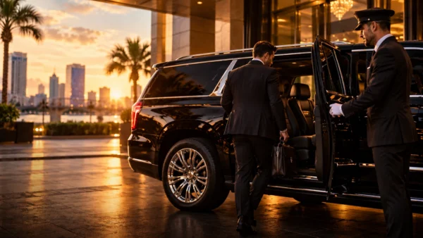 Black executive SUV with professional chauffeur for Arrive Jax luxury transportation